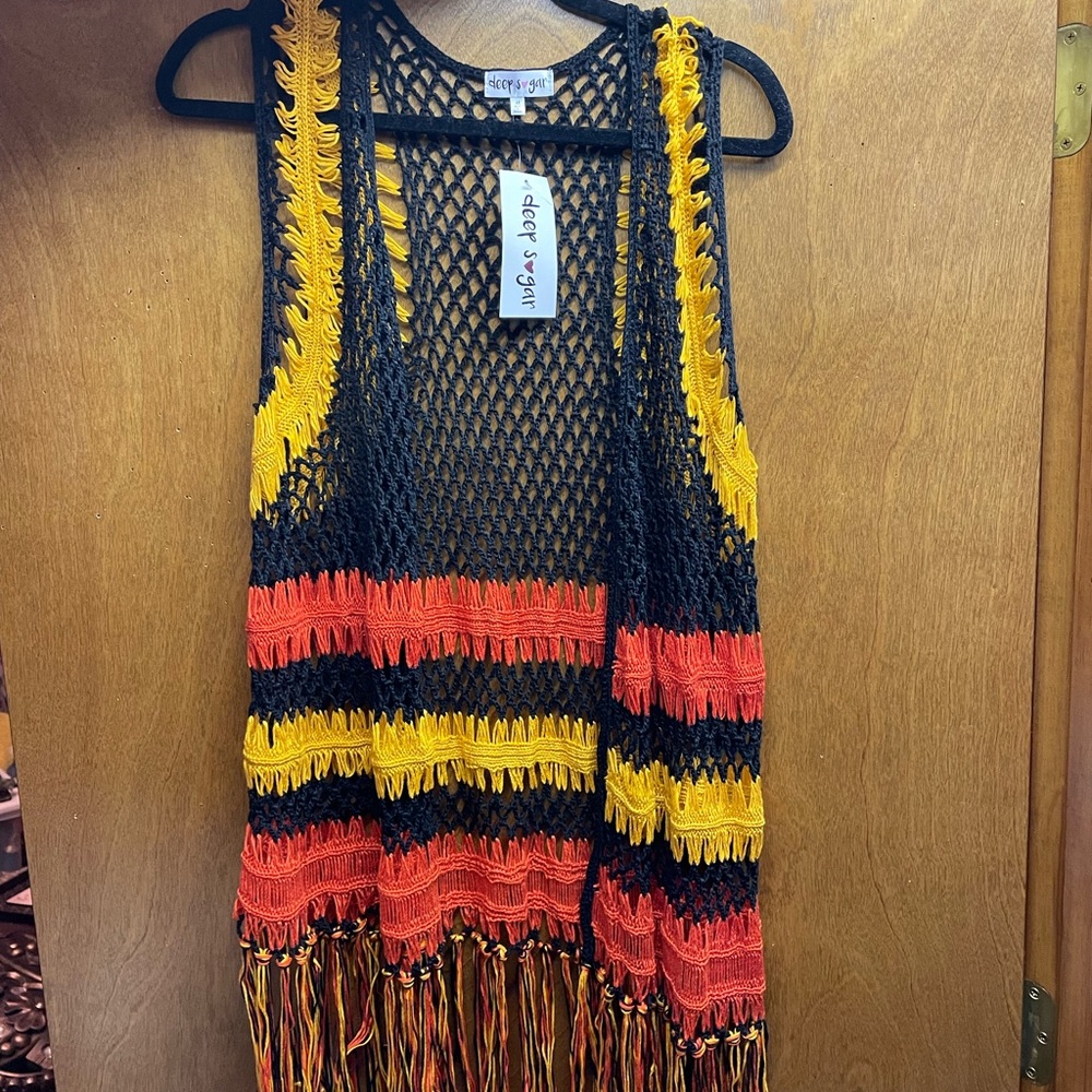 Sleeveless boho style kimono - Navy, yellow and orange